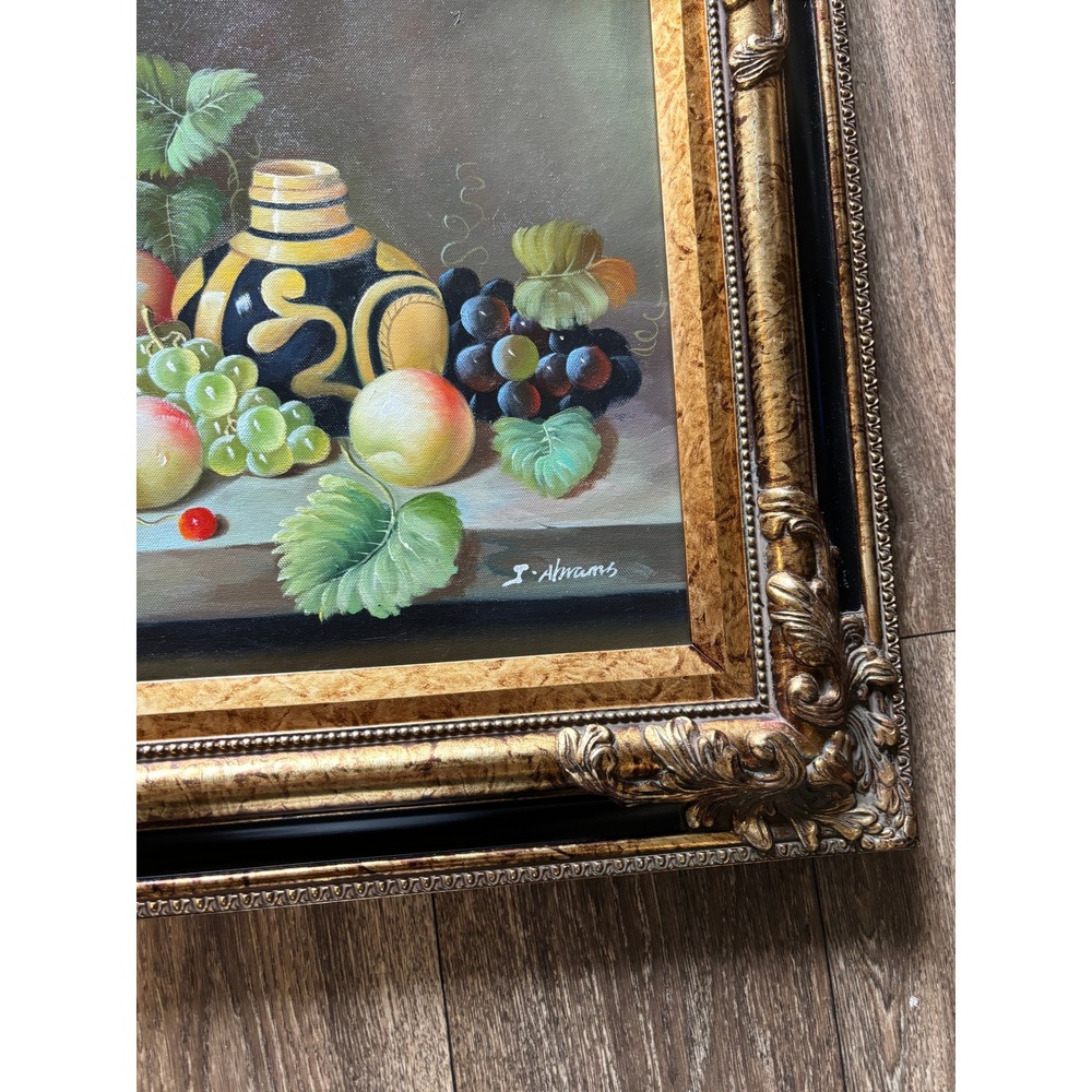 J Abrams Signed Still Life Oil Painting Ornate Gold Wood Frame Fruit Grapes - Picture 4 of 8